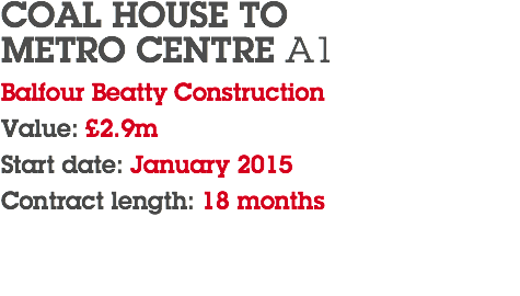 COAL HOUSE TO  METRO CENTRE A1 Balfour Beatty Construction Value: £2.9m Start date: January 2015 Contract length: 18 months 