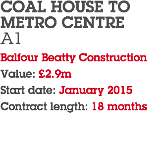 COAL HOUSE TO  METRO CENTRE A1 Balfour Beatty Construction Value: £2.9m Start date: January 2015 Contract length: 18 months 